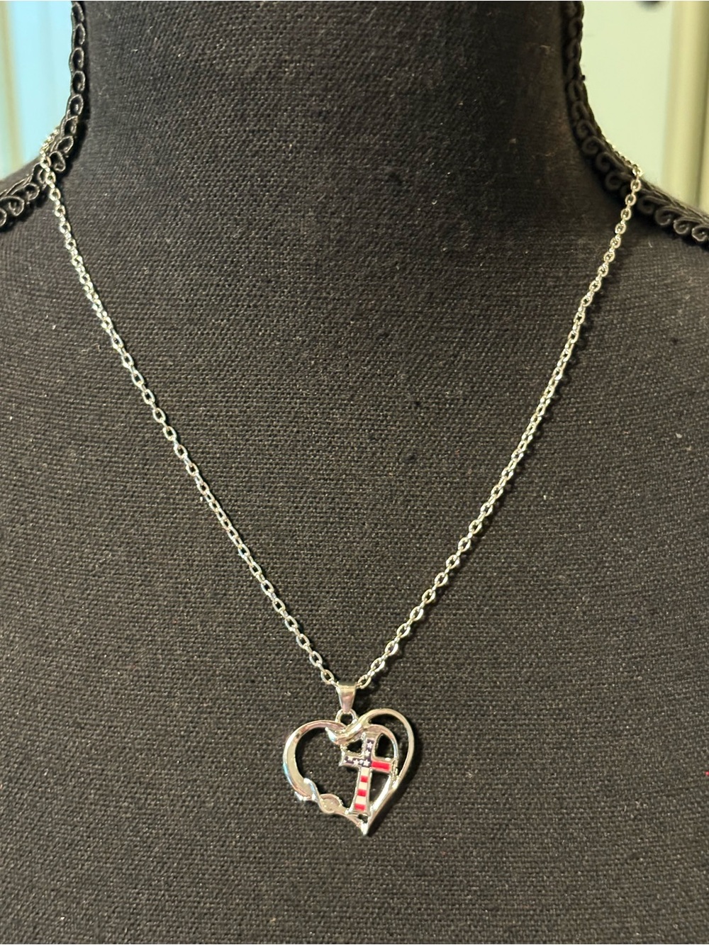 Silver Heart Pendant Necklace with Red Accent